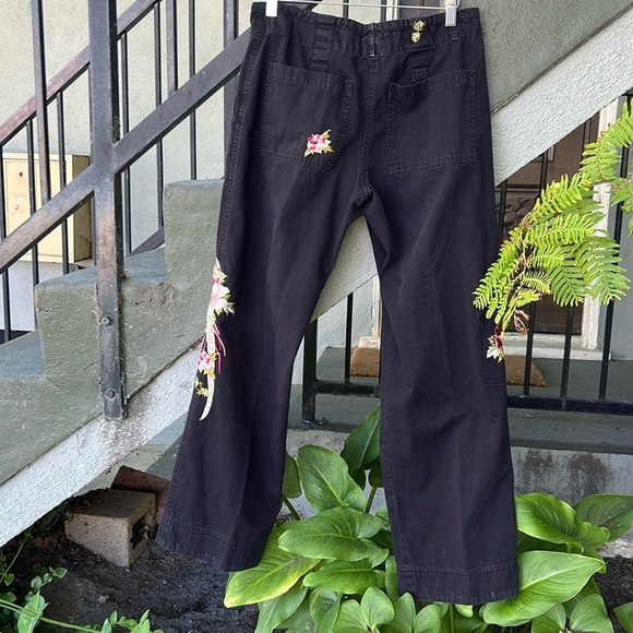Johnny Was Floral and Birds Embroidered Black Pants Bohemian Resortwear Sz Small - Picture 5 of 6
